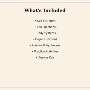 May include: A rectangular document with a cream background and a thin black border. The text 'What's Included' is centered at the top, followed by a bulleted list: Cell Structure, Cell Functions, Body Systems, Organ Functions, Human Body Review, Practice Activities, and Answer Key.