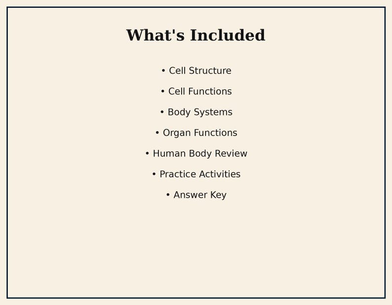 May include: A rectangular document with a cream background and a thin black border. The text 'What's Included' is centered at the top, followed by a bulleted list: Cell Structure, Cell Functions, Body Systems, Organ Functions, Human Body Review, Practice Activities, and Answer Key.