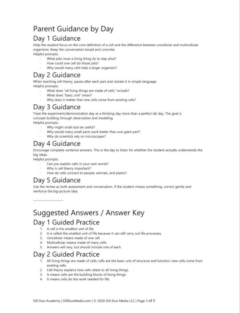 May include: A black and white educational document titled Parent Guidance by Day, featuring five days of instructional guidance for teaching cell theory, followed by a section for Suggested Answers and Answer Key for guided practice.