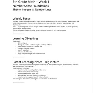 May include: A white document titled Parent Guide 8th Grade Math Week 1 Number Sense Foundations Theme: Integers & Number Lines. It includes sections for Weekly Focus, Learning Objectives, and Parent Teaching Notes, ending with Dill Duo Academy info.