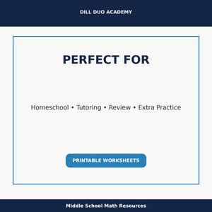 May include: A white background with a blue border and text that reads "PERFECT FOR" and "Homeschool &bull; Tutoring &bull; Review &bull; Extra Practice." A blue button says "PRINTABLE WORKSHEETS." The top banner says "DILL DUO ACADEMY."