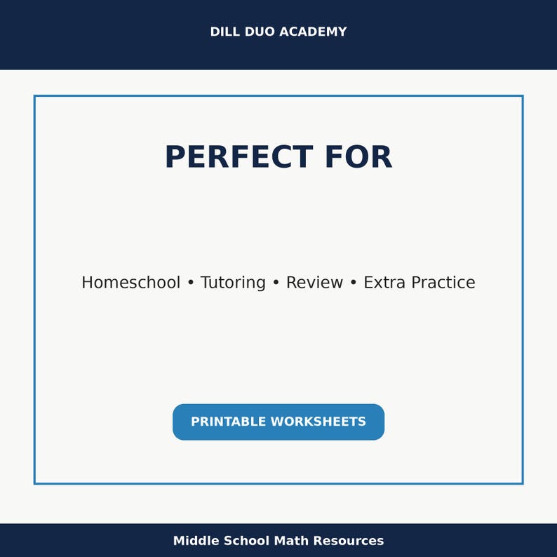 May include: A white background with a blue border and text that reads "PERFECT FOR" and "Homeschool &bull; Tutoring &bull; Review &bull; Extra Practice." A blue button says "PRINTABLE WORKSHEETS." The top banner says "DILL DUO ACADEMY."