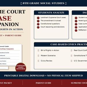 May include: A printable digital download for 8th grade social studies. The Supreme Court Case Companion includes a student packet and parent guide. Topics include landmark Supreme Court cases, the Bill of Rights, and civics practice.