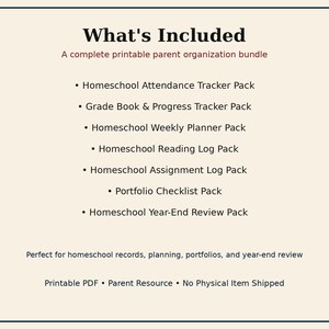 May include: A printable parent organization bundle featuring a list of included items: Homeschool Attendance Tracker, Grade Book & Progress Tracker, Weekly Planner, Reading Log, Assignment Log, Portfolio Checklist, and Year-End Review packs.