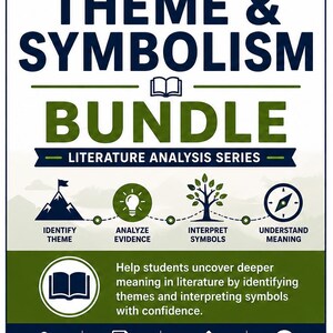 May include: A Middle School ELA Theme & Symbolism Bundle educational resource document. The text includes Literature Analysis Series, Identify Theme, Analyze Evidence, Interpret Symbols, Understand Meaning, Grades 6-8, Printable PDF, Worksheets & Activities, and Answer Key Included.