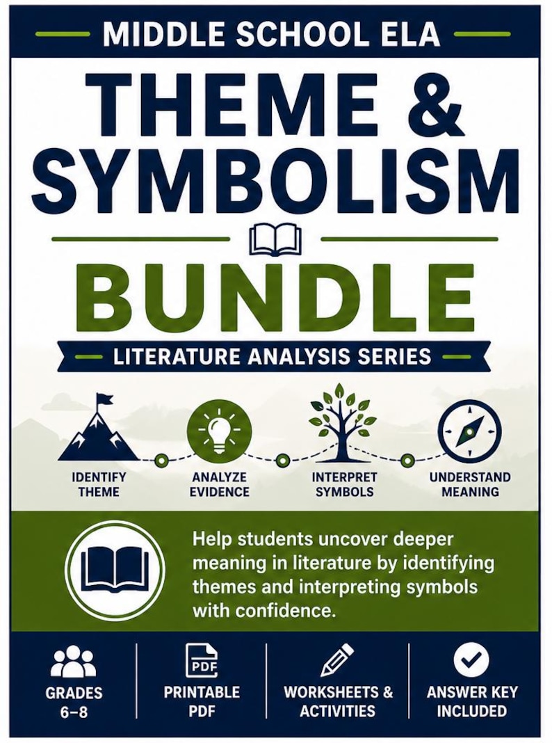 May include: A Middle School ELA Theme & Symbolism Bundle educational resource document. The text includes Literature Analysis Series, Identify Theme, Analyze Evidence, Interpret Symbols, Understand Meaning, Grades 6-8, Printable PDF, Worksheets & Activities, and Answer Key Included.