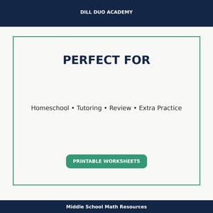 May include: A teal and white graphic with the text "PERFECT FOR" and bullet points listing Homeschool, Tutoring, Review, and Extra Practice. A green button reads "PRINTABLE WORKSHEETS". The top banner says "DILL DUO ACADEMY".