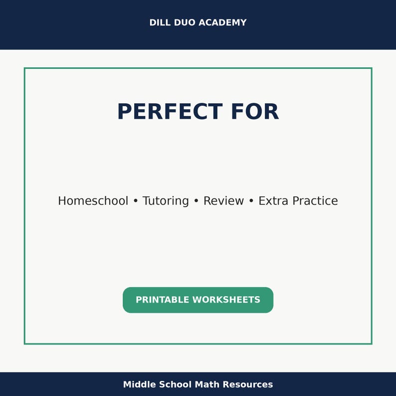 May include: A teal and white graphic with the text "PERFECT FOR" and bullet points listing Homeschool, Tutoring, Review, and Extra Practice. A green button reads "PRINTABLE WORKSHEETS". The top banner says "DILL DUO ACADEMY".