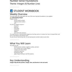 May include: An 8th Grade Math student workbook page titled Week 1 Number Sense Foundations: Integers & Number Lines. It includes a weekly overview, learning objectives, and key understandings about integers, equations, and real-world math.