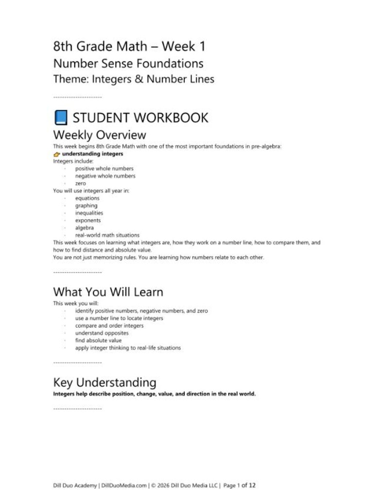 May include: An 8th Grade Math student workbook page titled Week 1 Number Sense Foundations: Integers & Number Lines. It includes a weekly overview, learning objectives, and key understandings about integers, equations, and real-world math.