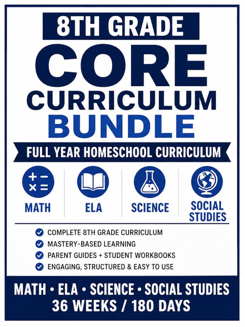8th Grade Homeschool Curriculum Bundle | Full Year Math, ELA, Science, Social Studies (Printable PDF) image 1
