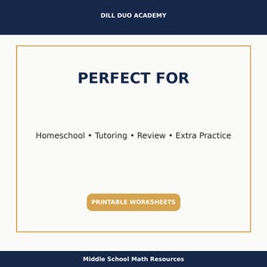 Może przedstawiać: Grafika cyfrowa z tekstem &bdquo;PERFECT FOR&rdquo; nad słowami &bdquo;Homeschool &bull; Tutoring &bull; Review &bull; Extra Practice&rdquo;. Słowa &bdquo;PRINTABLE WORKSHEETS&rdquo; znajdują się w złotym prostokącie. Obecny jest r&oacute;wnież tekst &bdquo;DILL DUO ACADEMY&rdquo; i &bdquo;Middle School Math Resources&rdquo;.