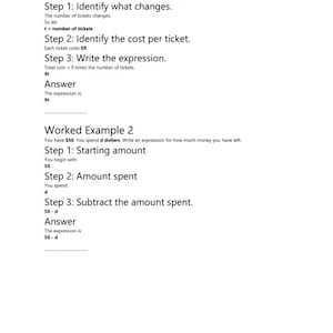May include: A white educational document page titled Worked Example 1 and Worked Example 2, featuring black text on a white background. The content explains algebraic expressions for ticket costs and remaining money, including steps and answers like 9t and 50-d.