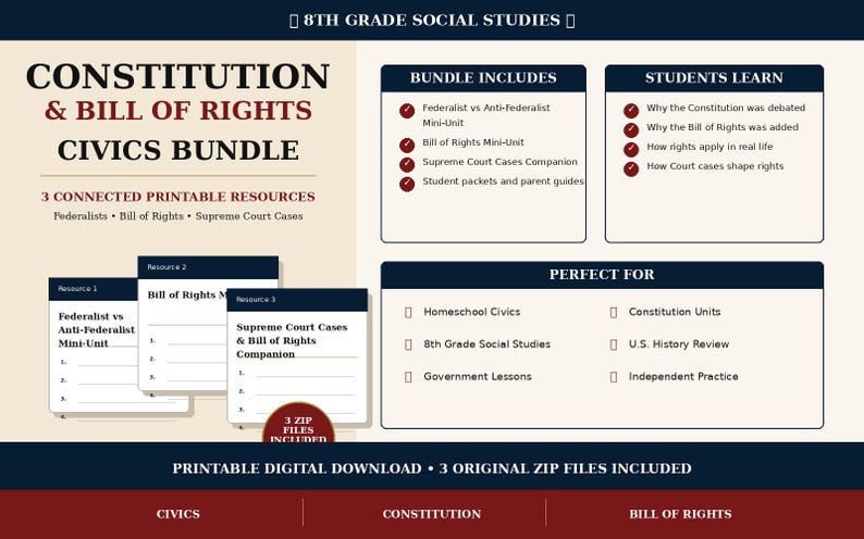 May include: Digital download bundle for 8th grade social studies, focusing on the Constitution and Bill of Rights. Includes printable resources on Federalists, Bill of Rights, and Supreme Court cases. Perfect for homeschool civics and U.S. history review.