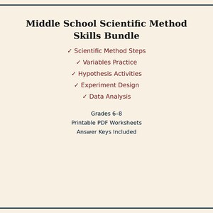 May include: A document titled Middle School Scientific Method Skills Bundle. It lists Scientific Method Steps, Variables Practice, Hypothesis Activities, Experiment Design, and Data Analysis. It notes Grades 6-8, Printable PDF Worksheets, and Answer Keys Included.
