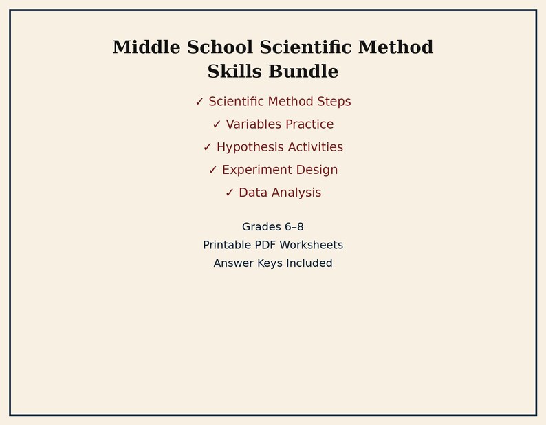 May include: A document titled Middle School Scientific Method Skills Bundle. It lists Scientific Method Steps, Variables Practice, Hypothesis Activities, Experiment Design, and Data Analysis. It notes Grades 6-8, Printable PDF Worksheets, and Answer Keys Included.