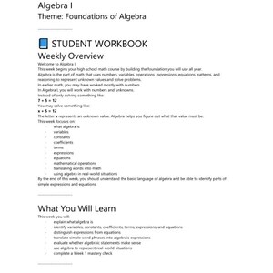 May include: A 9th Grade Algebra I student workbook page titled Foundations of Algebra. The document includes a weekly overview, learning objectives, and introductory concepts such as variables, constants, coefficients, and equations.