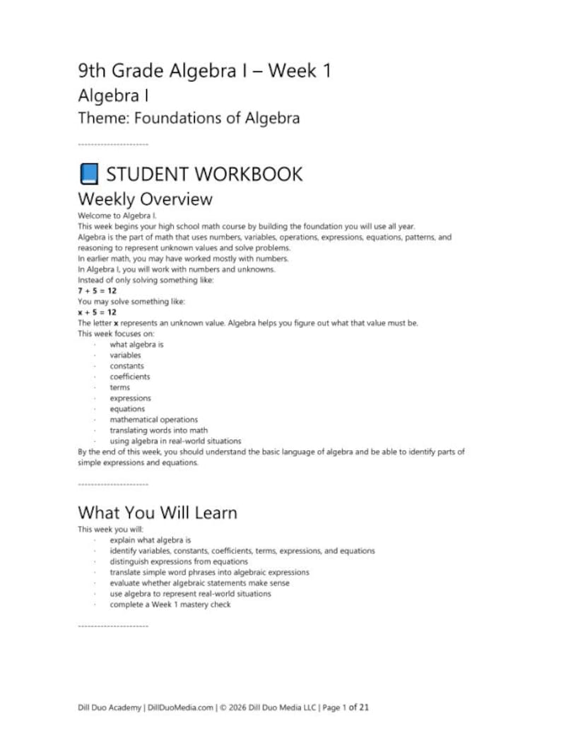 May include: A 9th Grade Algebra I student workbook page titled Foundations of Algebra. The document includes a weekly overview, learning objectives, and introductory concepts such as variables, constants, coefficients, and equations.