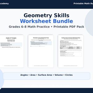 May include: A digital download of a Geometry Skills Worksheet Bundle for grades 6-8 math practice. The bundle includes printable PDF packs covering angles, area, surface area, volume, and circles. The title is in blue and the background is white.