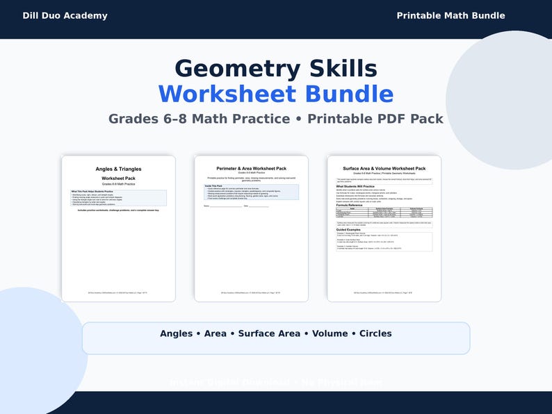 May include: A digital download of a Geometry Skills Worksheet Bundle for grades 6-8 math practice. The bundle includes printable PDF packs covering angles, area, surface area, volume, and circles. The title is in blue and the background is white.