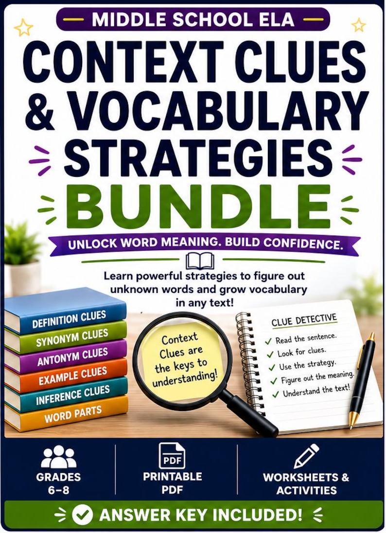 May include: A Middle School ELA Context Clues & Vocabulary Strategies Bundle educational resource featuring a stack of colorful books, a magnifying glass over a yellow note, a Clue Detective notepad, a black pen, and text detailing grade 6-8 content.