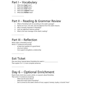 May include: A black and white educational worksheet titled Day 5 - Weekly Review & Quiz. It contains sections for vocabulary questions, reading and grammar review, a reflection prompt, an exit ticket, and a Day 6 optional enrichment activity.