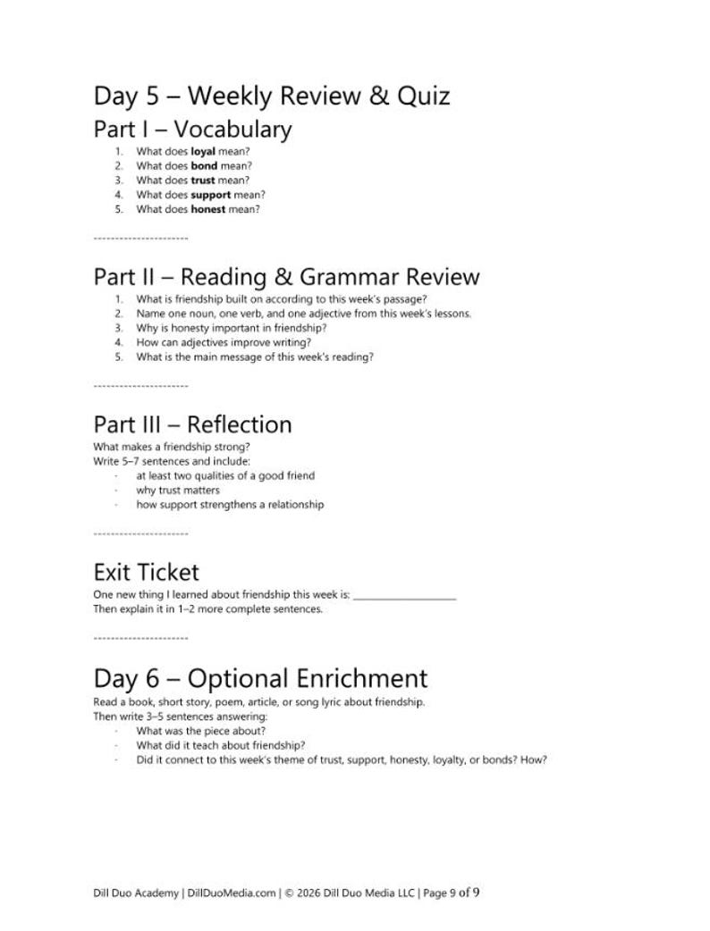 May include: A black and white educational worksheet titled Day 5 - Weekly Review & Quiz. It contains sections for vocabulary questions, reading and grammar review, a reflection prompt, an exit ticket, and a Day 6 optional enrichment activity.