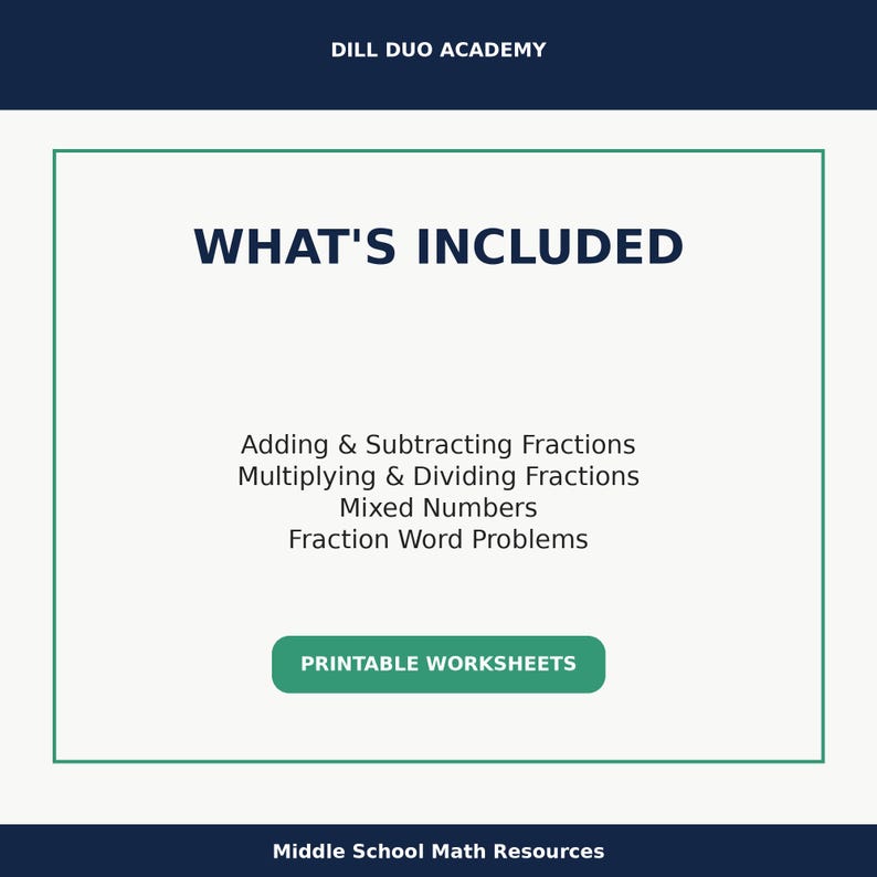 May include: A white background with a green border contains the text "WHAT'S INCLUDED". Below the title are the words: Adding & Subtracting Fractions, Multiplying & Dividing Fractions, Mixed Numbers, and Fraction Word Problems. The words "PRINTABLE WORKSHEETS" are in a green rectangle.
