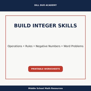 May include: A printable worksheet titled "BUILD INTEGER SKILLS" with the text "Operations, Rules, Negative Numbers, Word Problems." The worksheet is from Dill Duo Academy and is for Middle School Math Resources.