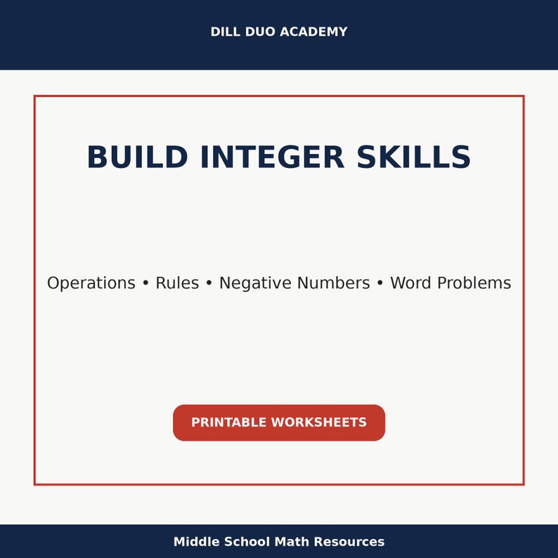 May include: A printable worksheet titled "BUILD INTEGER SKILLS" with the text "Operations, Rules, Negative Numbers, Word Problems." The worksheet is from Dill Duo Academy and is for Middle School Math Resources.