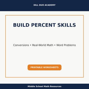 May include: A digital graphic with the text "BUILD PERCENT SKILLS" in navy blue. Below, it lists "Conversions, Real-World Math, Word Problems." A button reads "PRINTABLE WORKSHEETS." The top banner says "DILL DUO ACADEMY" and the bottom banner says "Middle School Math Resources."
