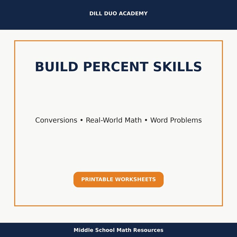 May include: A digital graphic with the text "BUILD PERCENT SKILLS" in navy blue. Below, it lists "Conversions, Real-World Math, Word Problems." A button reads "PRINTABLE WORKSHEETS." The top banner says "DILL DUO ACADEMY" and the bottom banner says "Middle School Math Resources."