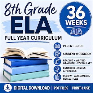 May include: An 8th Grade ELA full year curriculum digital download featuring 36 weeks of content. The graphic includes a stack of three books with one open on top, alongside a list of components: parent guide, student workbook, reading, writing, grammar, vocabulary, engaging lessons, practice, review, assessments, and reflections.
