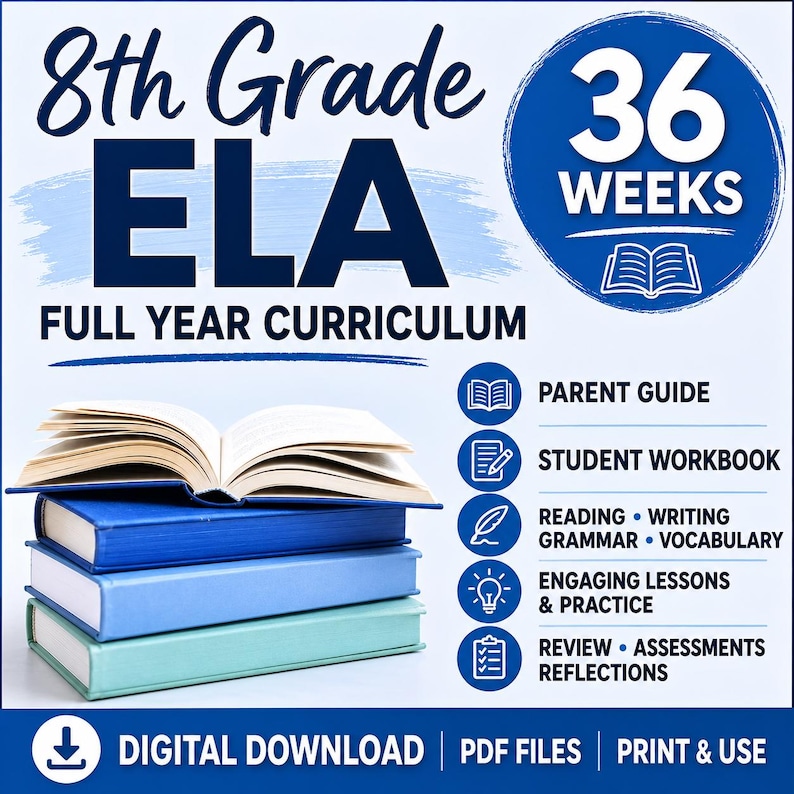 May include: An 8th Grade ELA full year curriculum digital download featuring 36 weeks of content. The graphic includes a stack of three books with one open on top, alongside a list of components: parent guide, student workbook, reading, writing, grammar, vocabulary, engaging lessons, practice, review, assessments, and reflections.