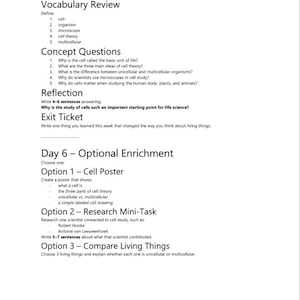 May include: A black and white educational worksheet titled Day 5 &ndash; Weekly Review & Quiz, featuring vocabulary definitions, concept questions, a reflection prompt, an exit ticket, and Day 6 optional enrichment tasks including a cell poster and research.