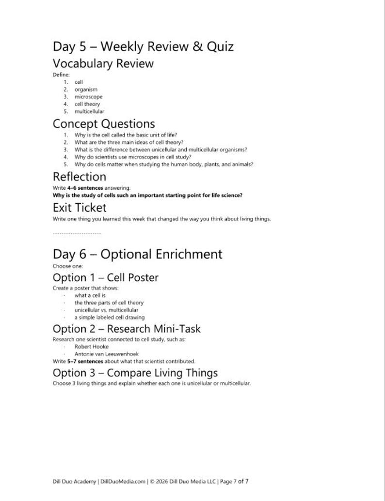 May include: A black and white educational worksheet titled Day 5 &ndash; Weekly Review & Quiz, featuring vocabulary definitions, concept questions, a reflection prompt, an exit ticket, and Day 6 optional enrichment tasks including a cell poster and research.