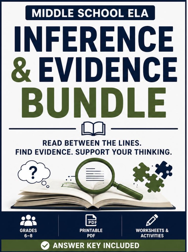 May include: Educational resource titled MIDDLE SCHOOL ELA INFERENCE & EVIDENCE BUNDLE. Features an open book, a green magnifying glass, a question mark thought bubble, and puzzle pieces. Includes text: READ BETWEEN THE LINES. FIND EVIDENCE. SUPPORT YOUR THINKING.