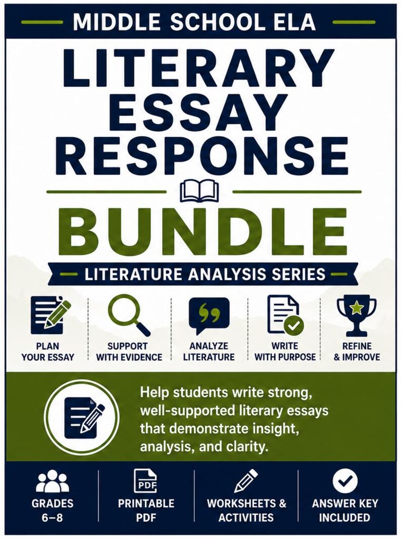 May include: A Middle School ELA Literary Essay Response Bundle educational resource featuring the text: Plan Your Essay, Support With Evidence, Analyze Literature, Write With Purpose, Refine & Improve, Grades 6-8, Printable PDF, Worksheets & Activities.