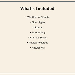 May include: A document with a cream background and a black border featuring the heading What's Included followed by a bulleted list: Weather vs Climate, Cloud Types, Storms, Forecasting, Climate Zones, Review Activities, and Answer Key.
