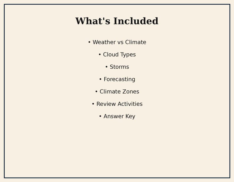 May include: A document with a cream background and a black border featuring the heading What's Included followed by a bulleted list: Weather vs Climate, Cloud Types, Storms, Forecasting, Climate Zones, Review Activities, and Answer Key.