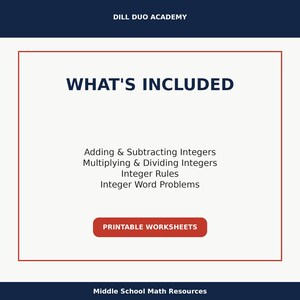 May include: A white background with the text "WHAT'S INCLUDED" in navy blue. Below, the text lists topics: Adding & Subtracting Integers, Multiplying & Dividing Integers, Integer Rules, and Integer Word Problems. A red button reads "PRINTABLE WORKSHEETS".