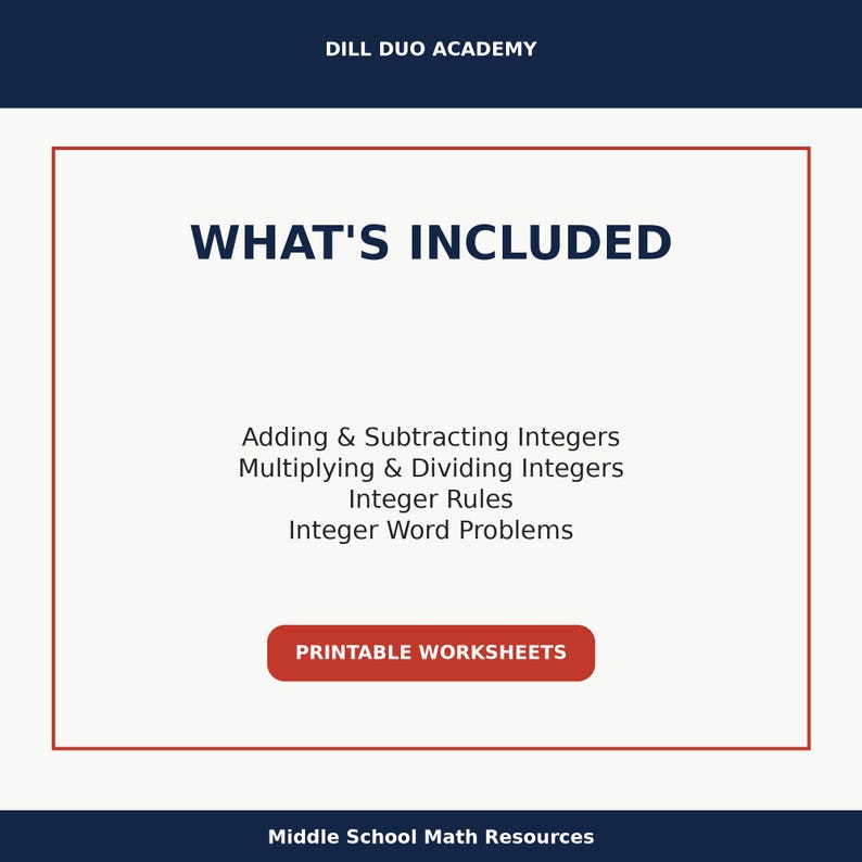 May include: A white background with the text "WHAT'S INCLUDED" in navy blue. Below, the text lists topics: Adding & Subtracting Integers, Multiplying & Dividing Integers, Integer Rules, and Integer Word Problems. A red button reads "PRINTABLE WORKSHEETS".