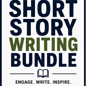 May include: A rectangular educational resource cover with a white background and dark blue border. The text reads MIDDLE SCHOOL ELA, SHORT STORY WRITING BUNDLE, ENGAGE. WRITE. INSPIRE. GRADES 6-8. An icon of an open book is centered.