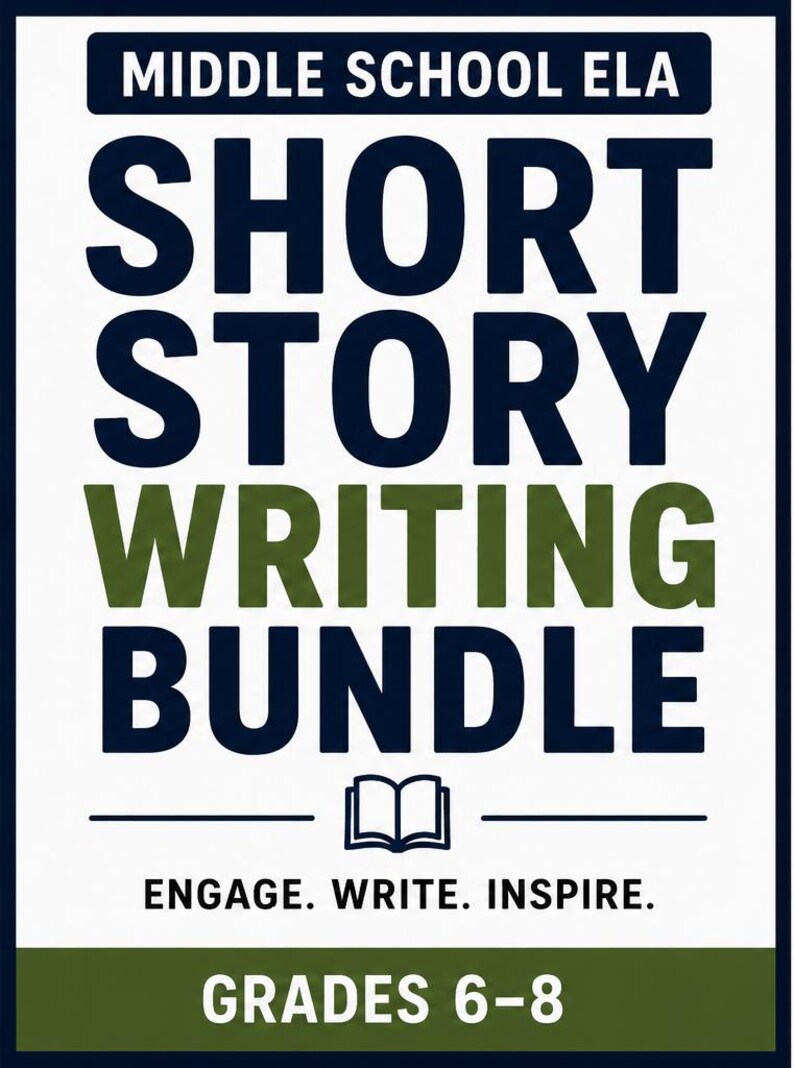 May include: A rectangular educational resource cover with a white background and dark blue border. The text reads MIDDLE SCHOOL ELA, SHORT STORY WRITING BUNDLE, ENGAGE. WRITE. INSPIRE. GRADES 6-8. An icon of an open book is centered.
