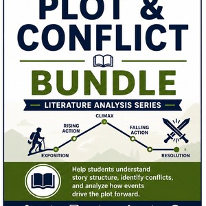 May include: A Middle School ELA Plot & Conflict Bundle educational resource featuring a graphic of a story arc with labels for exposition, rising action, climax, falling action, and resolution. Includes text about literature analysis and grade 6-8.