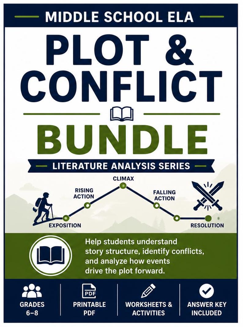 May include: A Middle School ELA Plot & Conflict Bundle educational resource featuring a graphic of a story arc with labels for exposition, rising action, climax, falling action, and resolution. Includes text about literature analysis and grade 6-8.