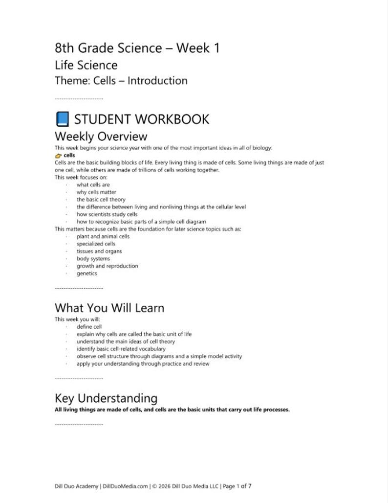 May include: An 8th Grade Science student workbook page titled Life Science, Theme: Cells - Introduction. The document outlines a weekly overview, learning objectives, and key understandings regarding cell theory and biological structures.