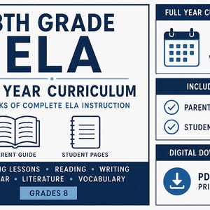 May include: An 8th Grade ELA full year curriculum educational resource featuring 36 weeks of instruction. Includes a parent guide, student pages, and digital download PDF files for printing. Covers reading, writing, grammar, literature, and vocabulary.
