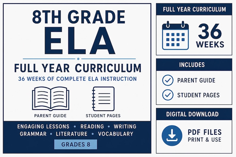 May include: An 8th Grade ELA full year curriculum educational resource featuring 36 weeks of instruction. Includes a parent guide, student pages, and digital download PDF files for printing. Covers reading, writing, grammar, literature, and vocabulary.