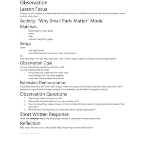 May include: A black and white educational document titled Day 3 - Experiment / Demonstration / Observation. It outlines a lesson focus, materials, setup, observation goals, extension demonstration, questions, and a reflection for a cell model activity.